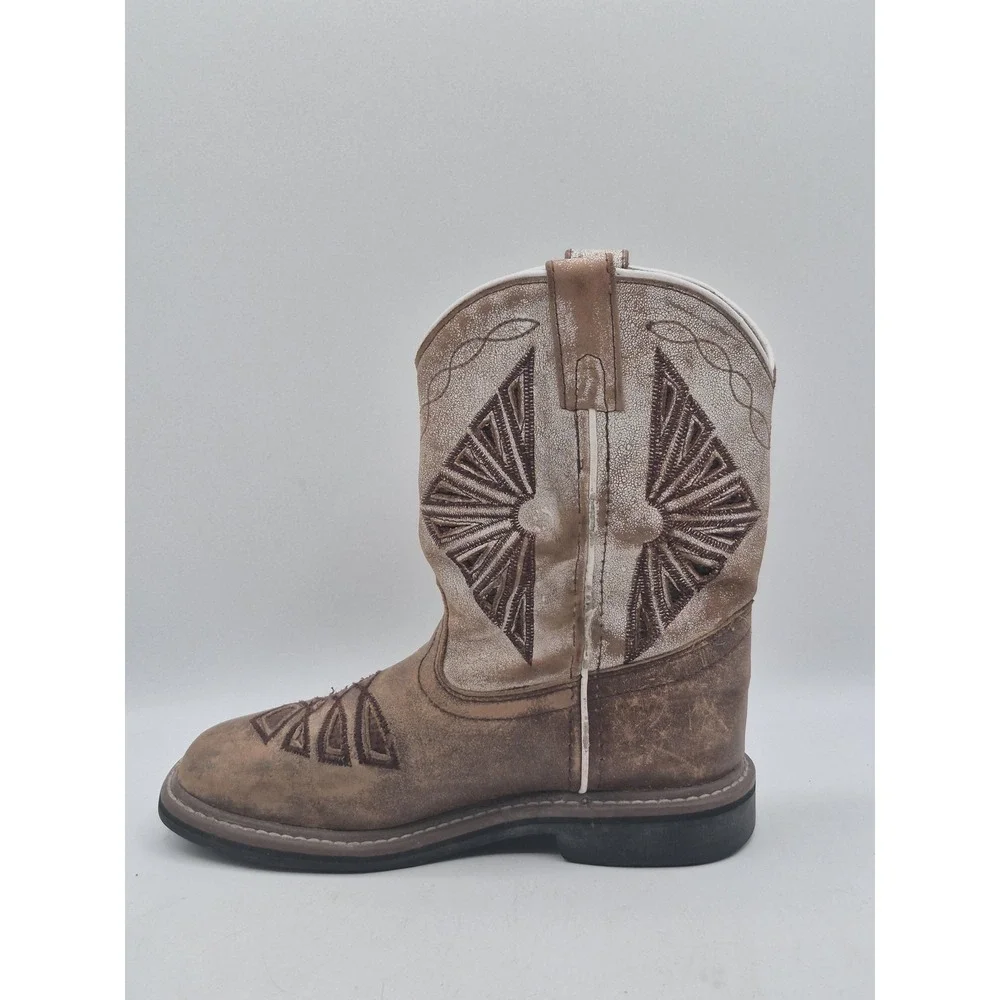 Dan Post‎ Western Boots Kids Size 2 Brown Leather Geometric Stitch Square Toe